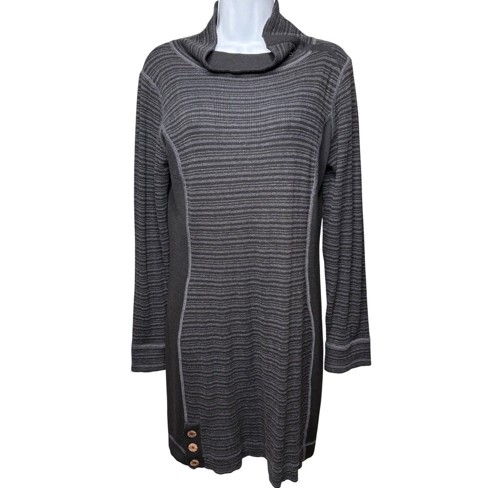 PRANA Womens Gray Striped Cowl Neck Tunic Sweater Dress L Gorpcore Cabin Boho